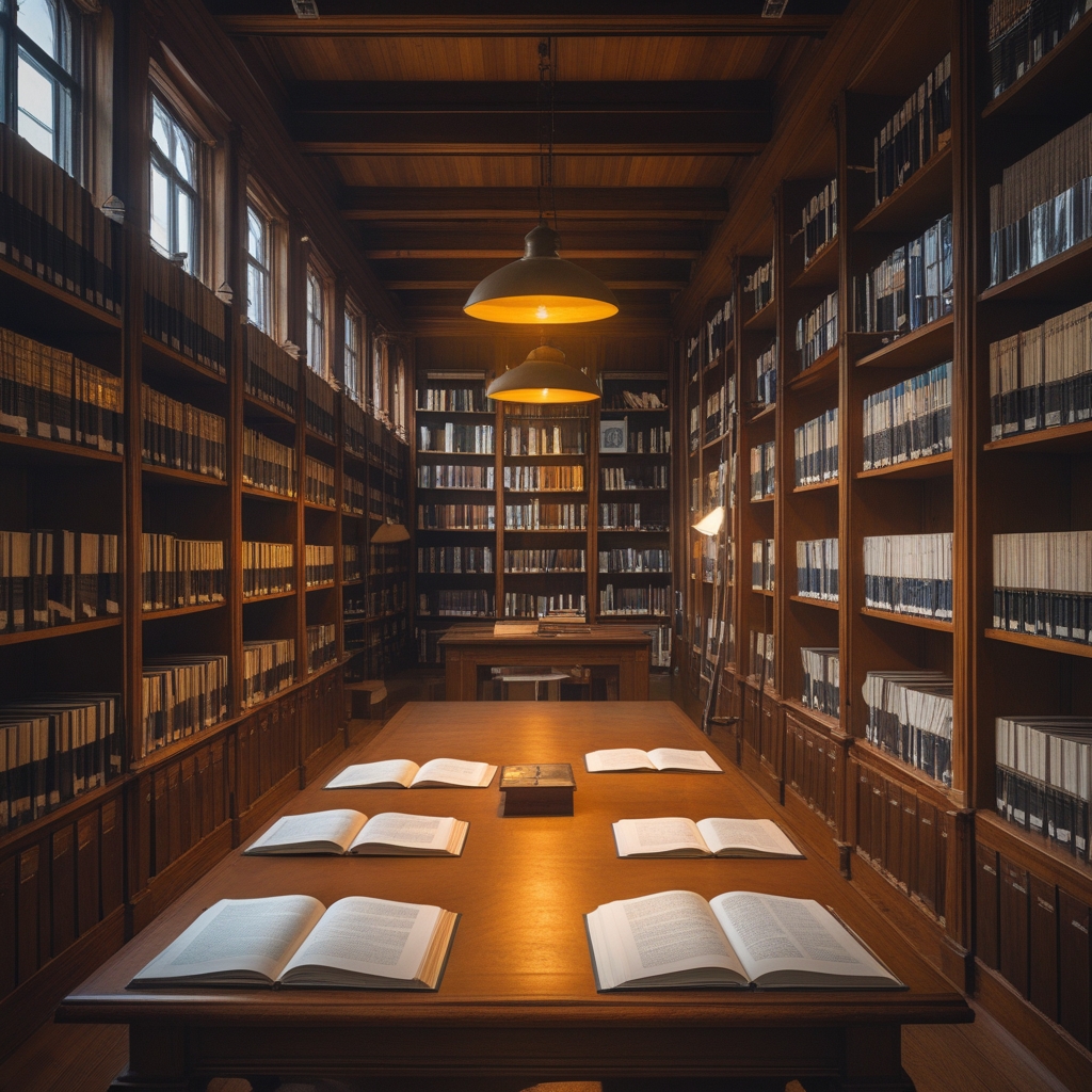 Interior of a well-organised research library with wooden bookshelves filled with scientific journals, a large oak reading table with open books and notebooks, warm amber lamp light creating deep shadows and an atmosphere of scholarly inquiry