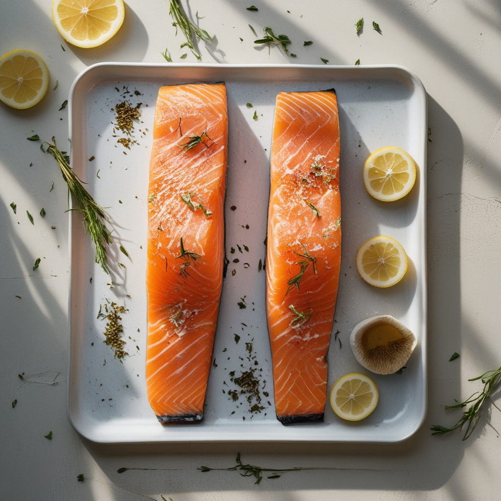 Overhead view of two fresh salmon fillets on a clean white ceramic surface with scattered dried herbs and lemon slices, cool natural light from one side creating soft highlights on the moist flesh texture