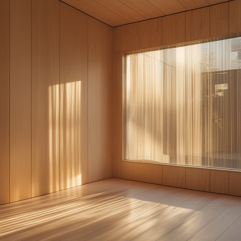 Warm golden sunlight streaming through a large window onto a smooth light wooden surface, casting soft elongated shadows, minimal and clean interior environment with diffused natural daylight