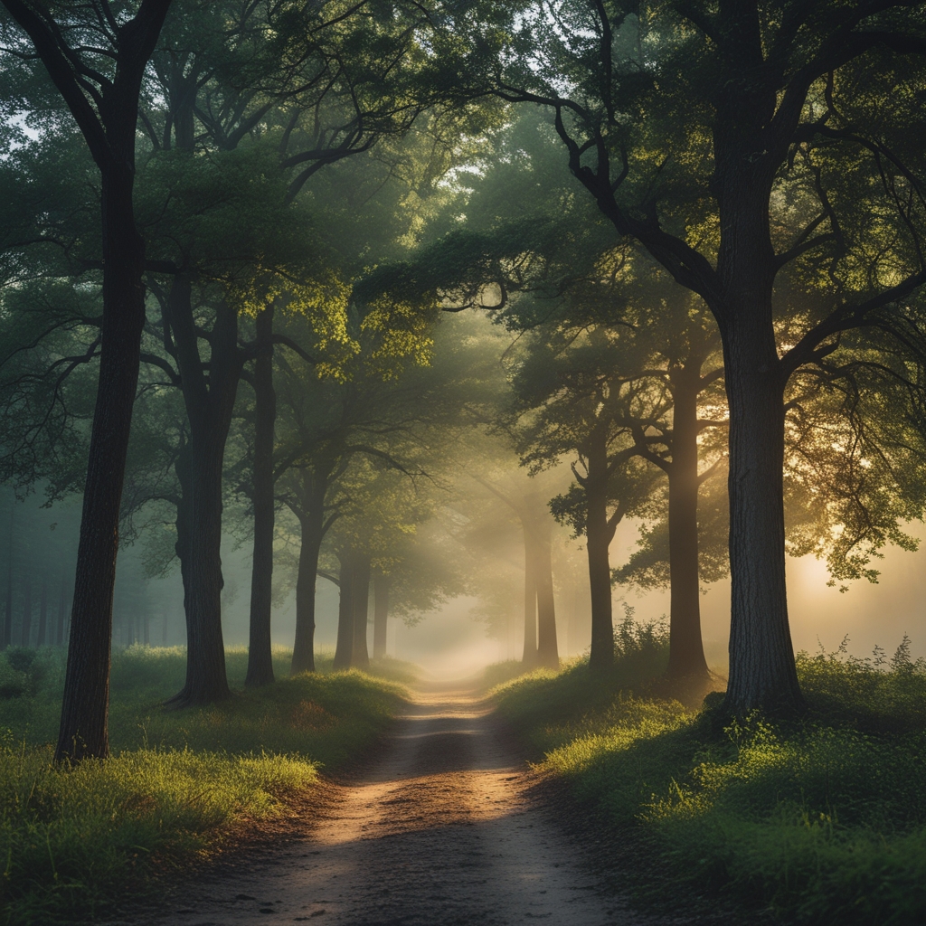 Panoramic view of a quiet morning forest trail with dappled sunlight breaking through tall oak trees, mist rising from the ground, rich green foliage, cinematic depth and moody natural light