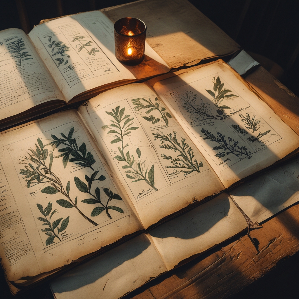 Aged botanical illustration manuscript pages spread open on a wooden table, showing hand-drawn plant anatomy diagrams with Latin annotations, warm candlelight casting long shadows across yellowed parchment